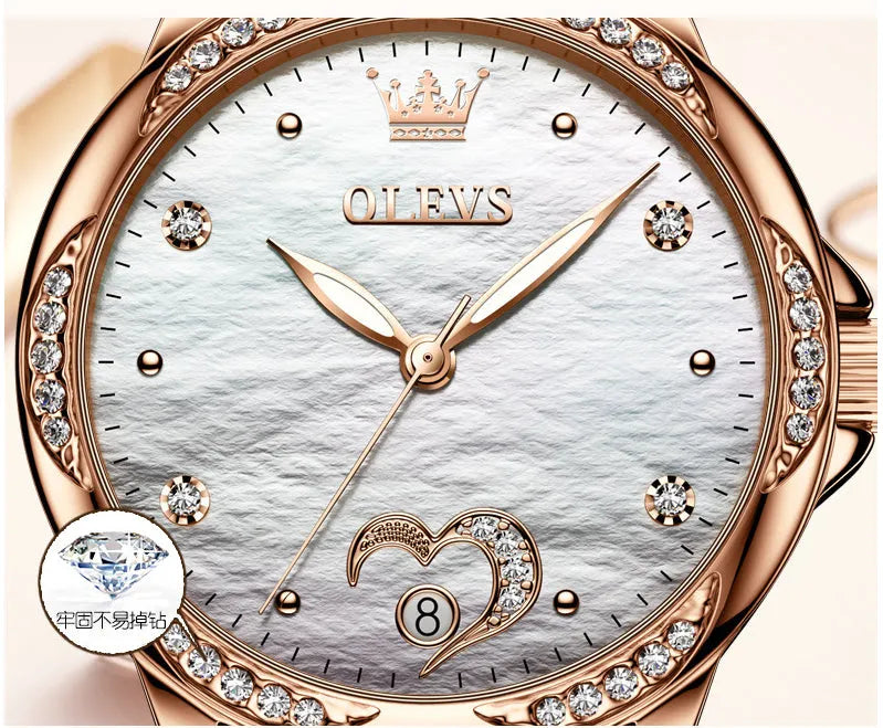 Olevs women's ceramic watch with luminous hands, rose shell blue dial, and matching ceramic band