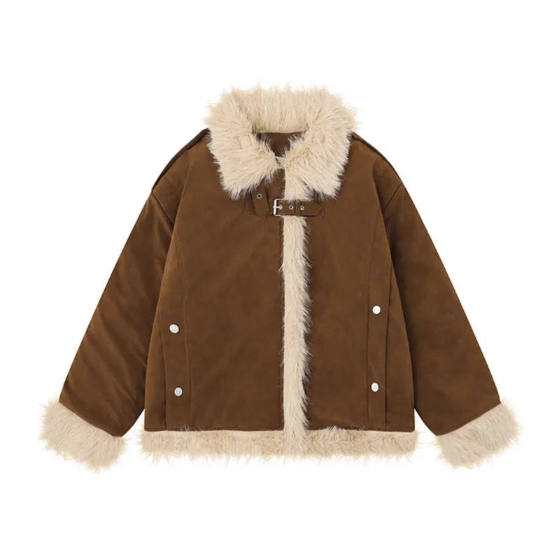 Women's American-style retro lamb wool coat in loose fit, available in black, brown, and pink, sizes S to XL