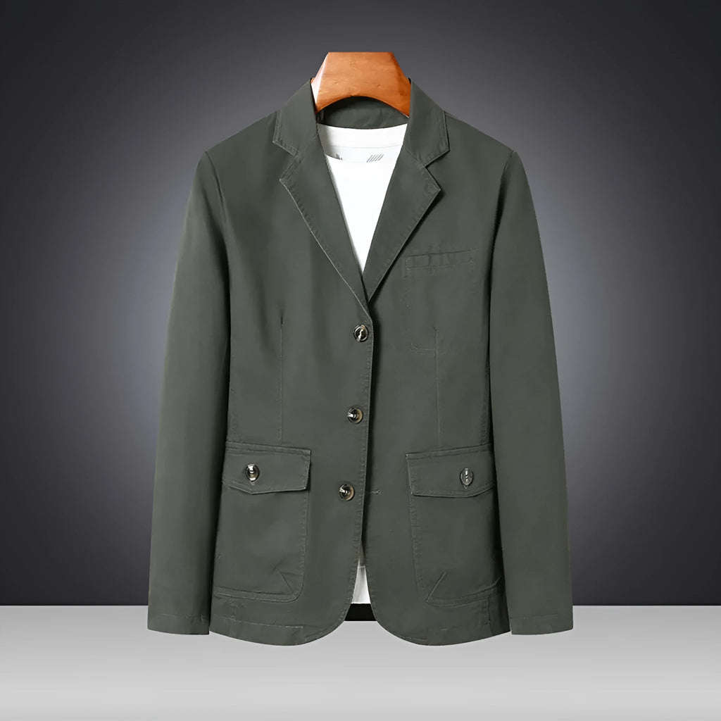 Men's casual loose washed cotton business coat in army green, solid colour straight cut with top stitching pockets