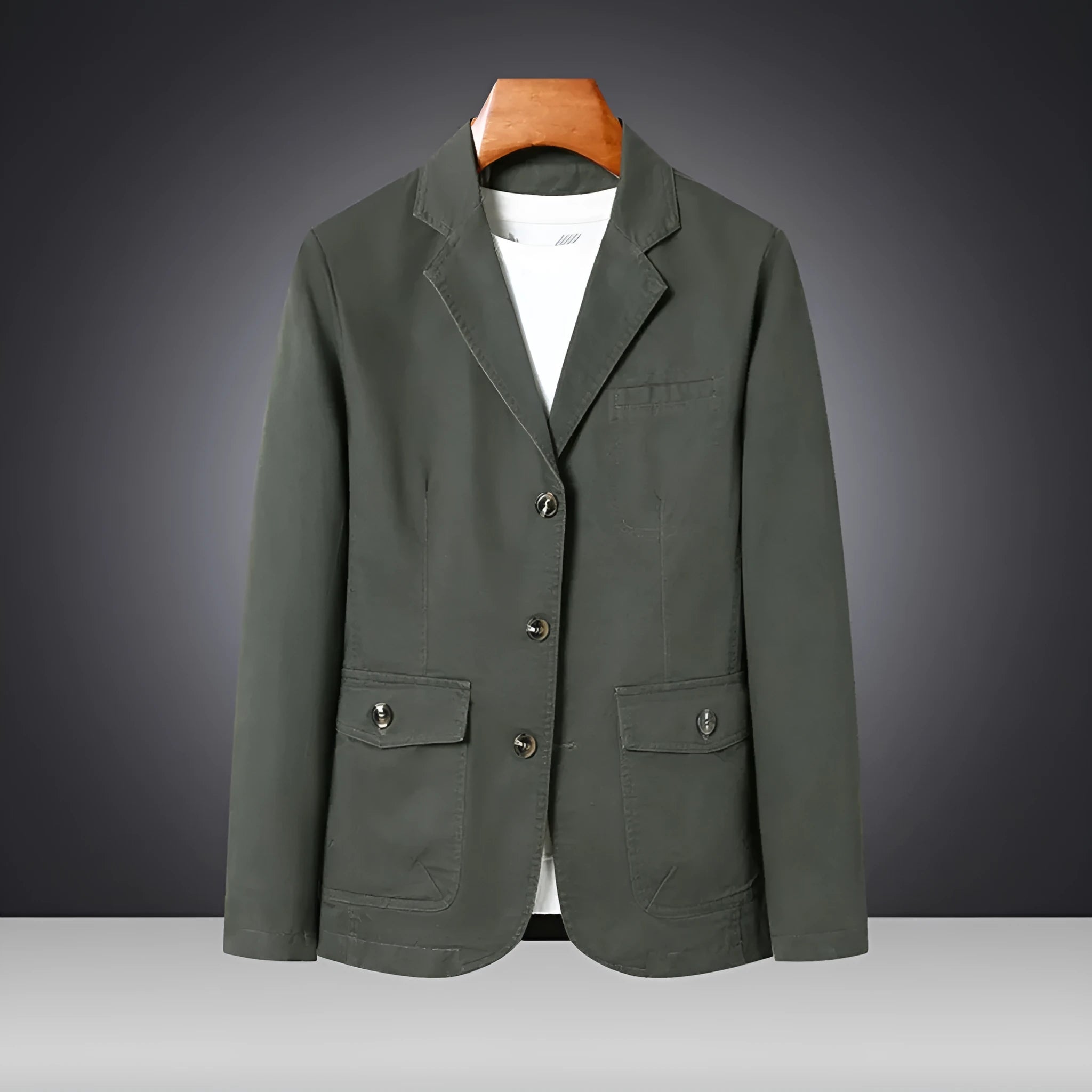 Men's casual loose washed cotton business coat in army green, solid colour straight cut with top stitching pockets