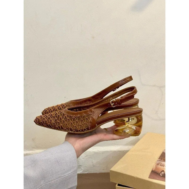 Women's square toe sandals with woven detail and a slingback strap in apricot colour.