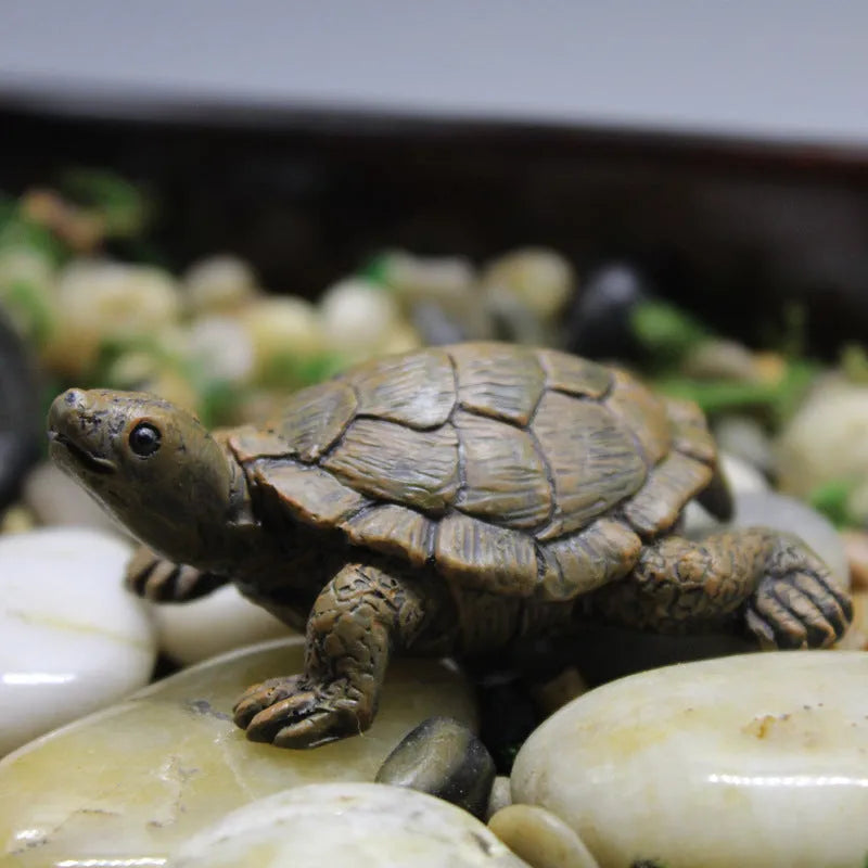 Close-up of a detailed brown resin turtle ornament for miniature garden displays.