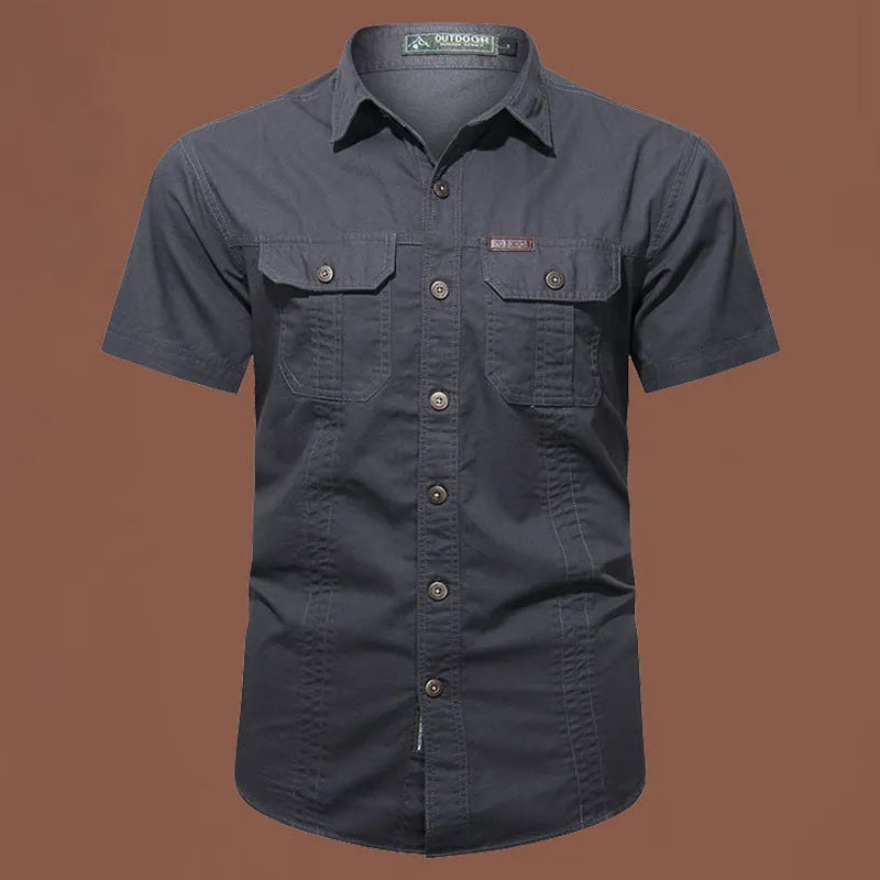 Men's army green cotton short sleeve work shirt with a loose cardigan fit on a hanger