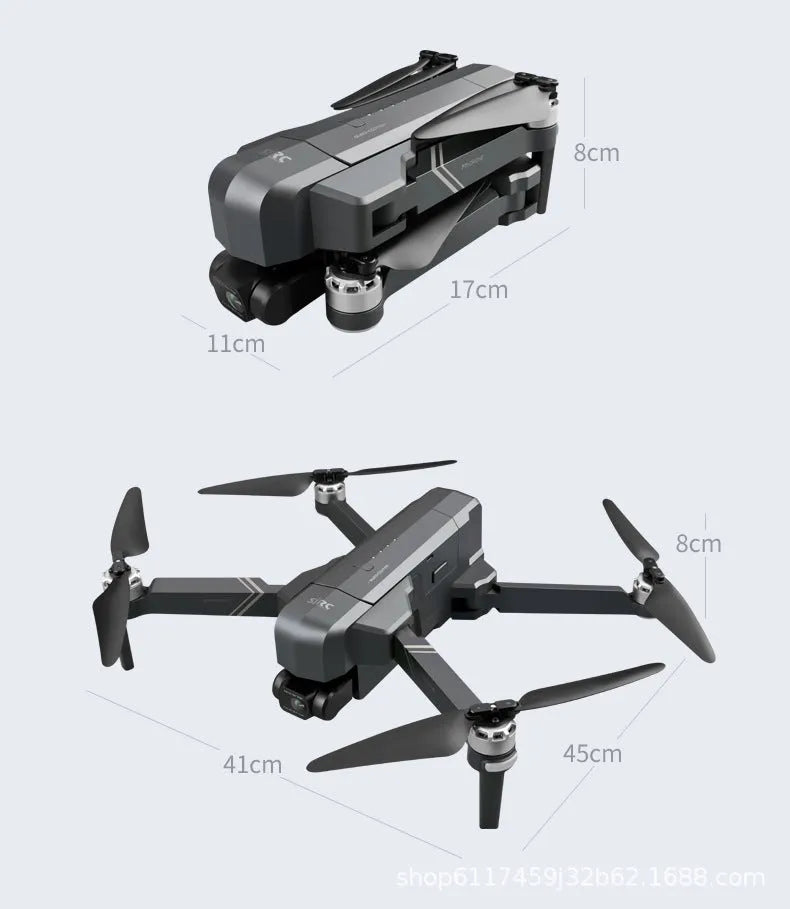 Black F11s PRO GPS folding drone with 4K camera shown in both expanded and folded configurations
