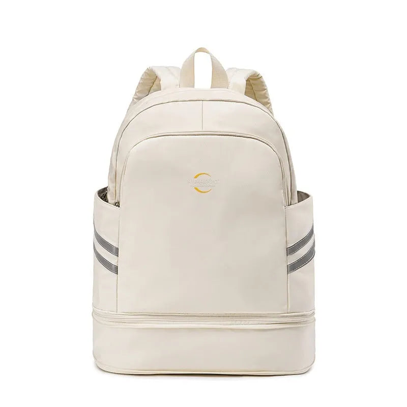 Large capacity dry wet separation travel backpack in beige colour with curved shoulder straps and breathable back panel