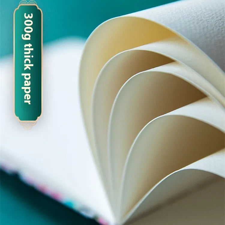 Feiluniao handmade fabric watercolour notebook open showing a painted sketch, with pine green cover.