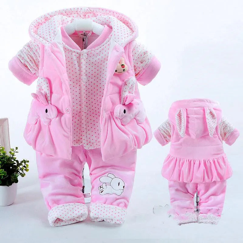 Baby girl's pink autumn winter three-piece flannel clothing set with jacket, trousers, and vest
