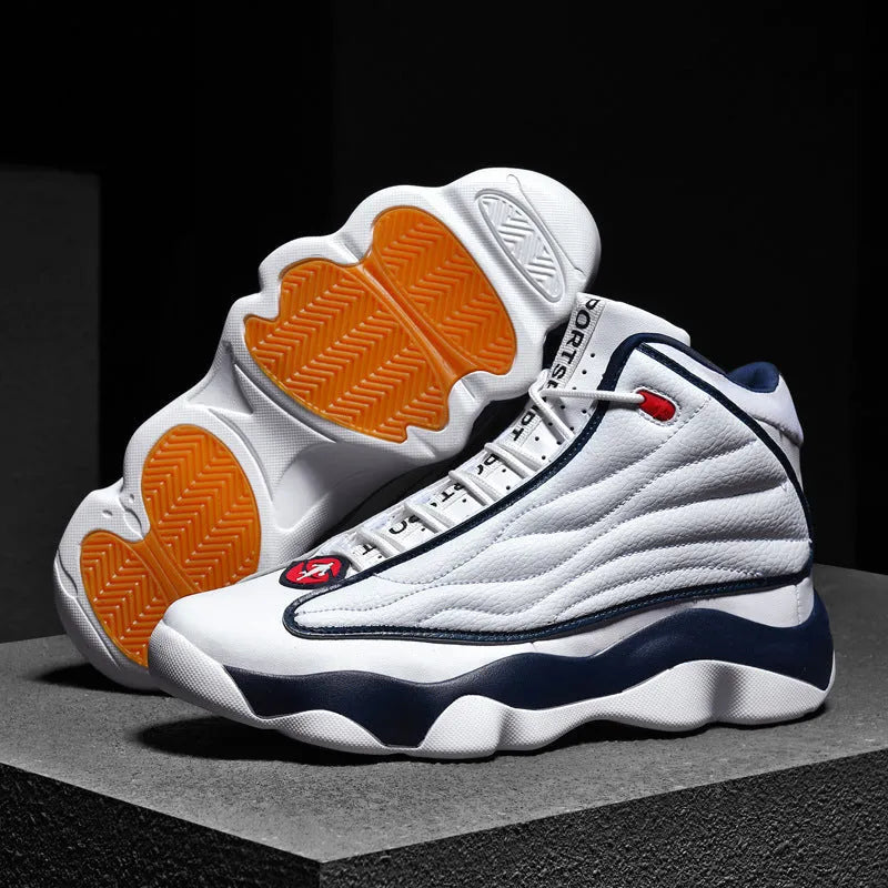Men's high-top lace-up basketball shoes in AJ13 colourways with mesh upper and rubber sole.