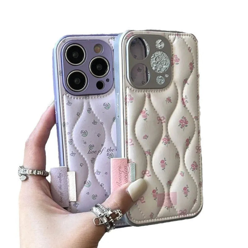 Creative down jacket small floral embossed leather phone case for iPhone