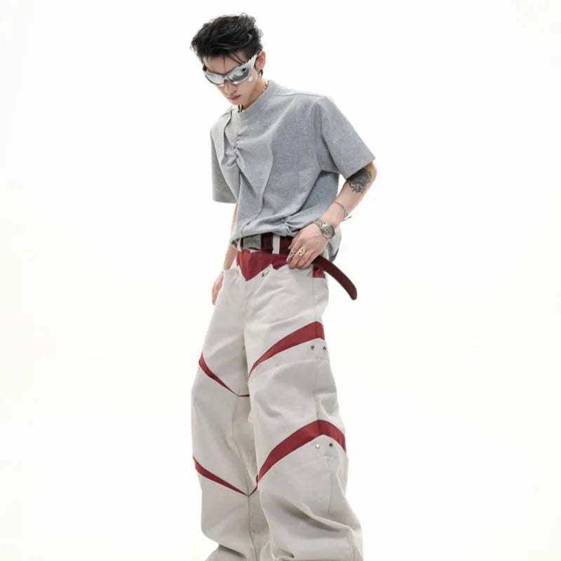 Men's loose fit cotton T-shirt with pleated detail and round neck in grey.