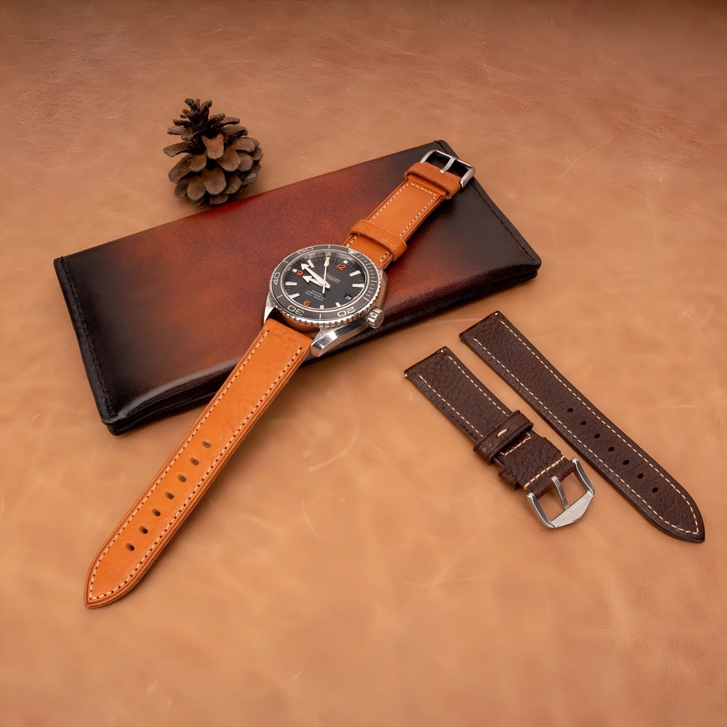 Retro pure cowhide leather watch strap with pin buckle in brown steel colour option