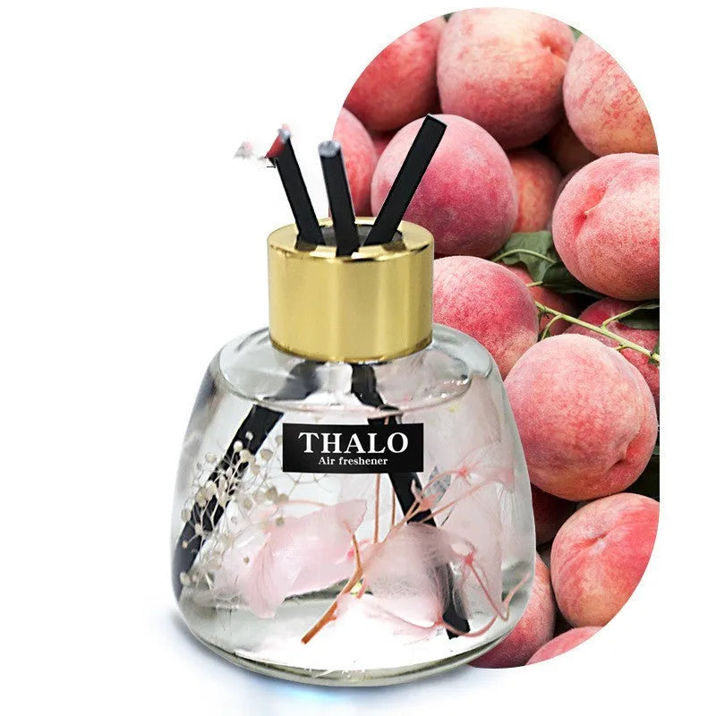 Glass bottle-shaped car perfume ornament for air freshening, shown in various colour options.