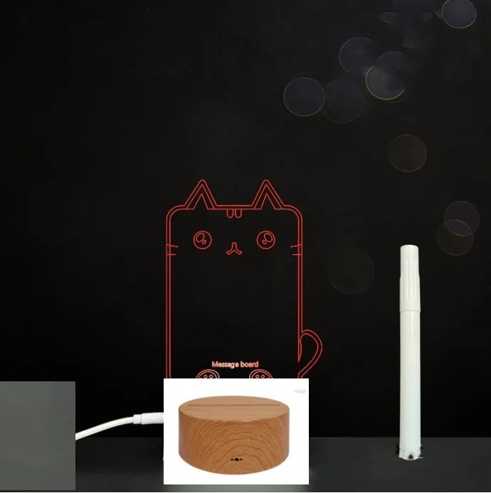 3D acrylic LED message board with touch control, black ABS base, USB cable, and stylus pen on desk