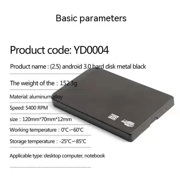 Silver USB 3.0 portable solid state drive with metal casing next to its included data cable.