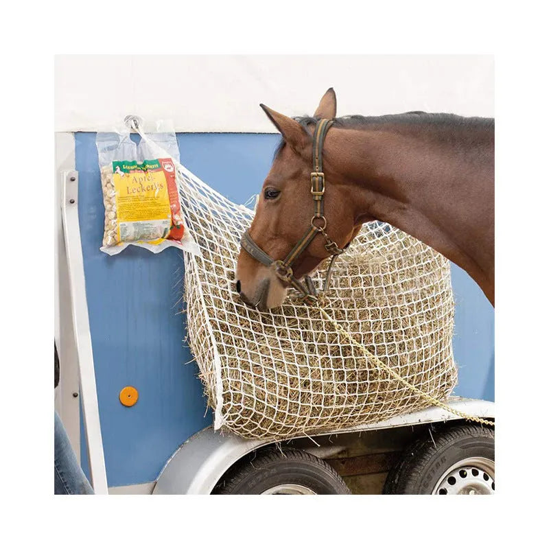 Woven PE rope grid pattern hanging feeding bag for livestock in multiple sizes