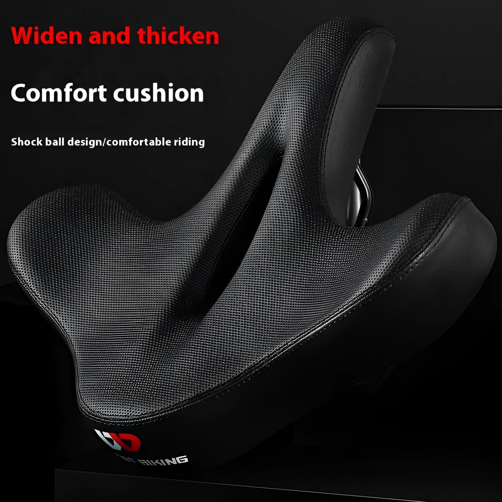 Black leather bicycle seat cushion with thick foam padding for shock absorption.