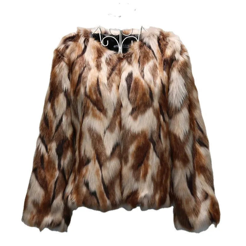 Korean slim-fit women's faux fur coat in picture colour, shown at hip length.