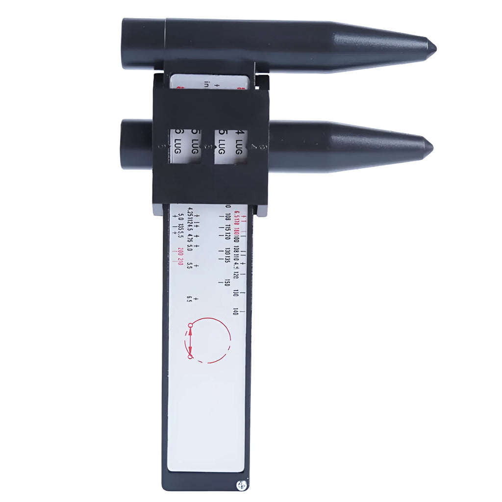 Digital electronic plastic caliper hole distance ruler on a workbench.