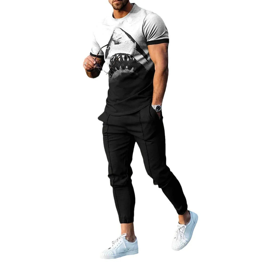 Men's short-sleeved printed pullover and matching trousers set on a hanger