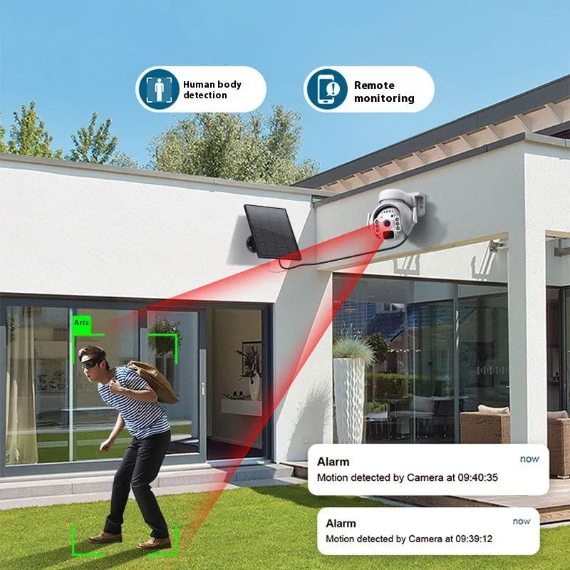 Solar security camera with solar panel and lens for outdoor monitoring