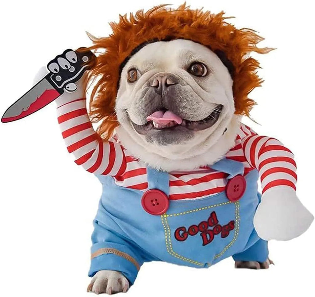 Striped Halloween harness pants costume set for dogs and cats with removable knife accessory