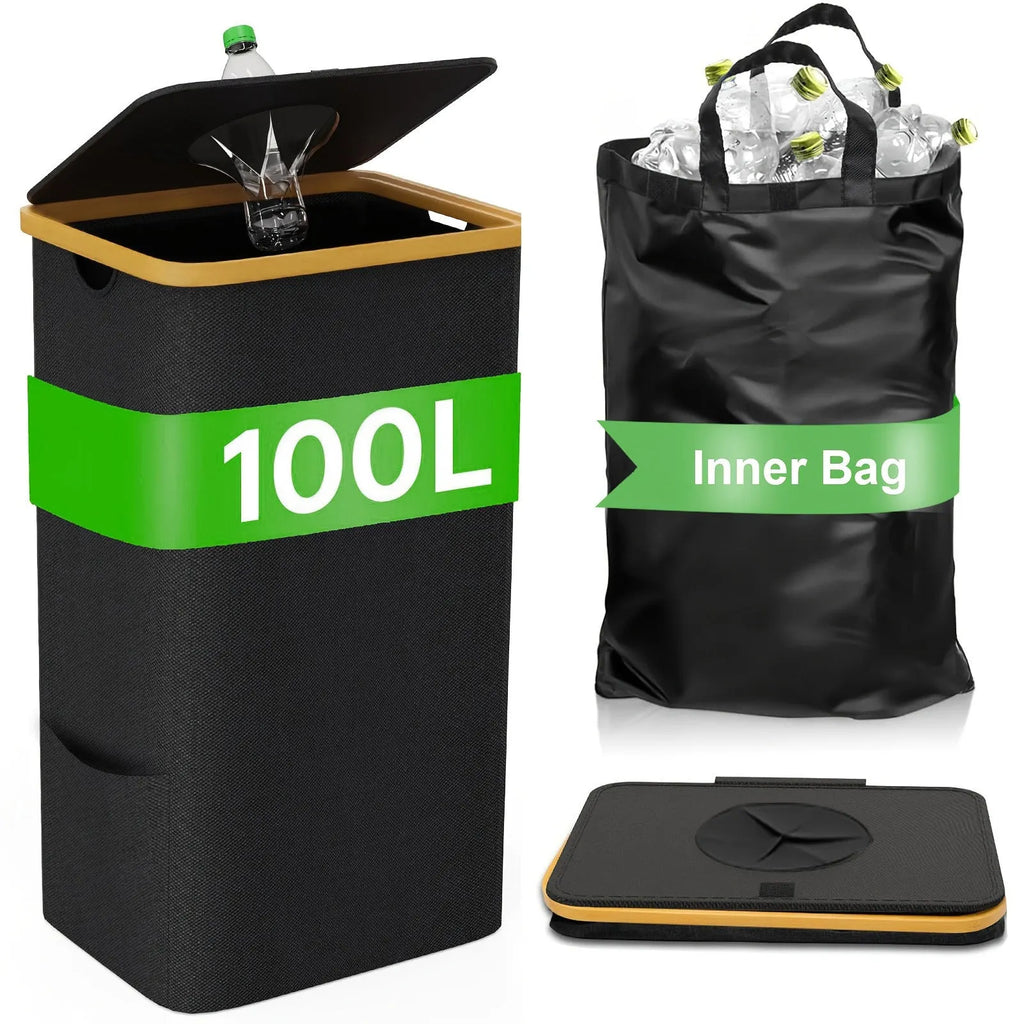 Black bamboo-framed storage basket with a removable lid and two inner fabric pockets.