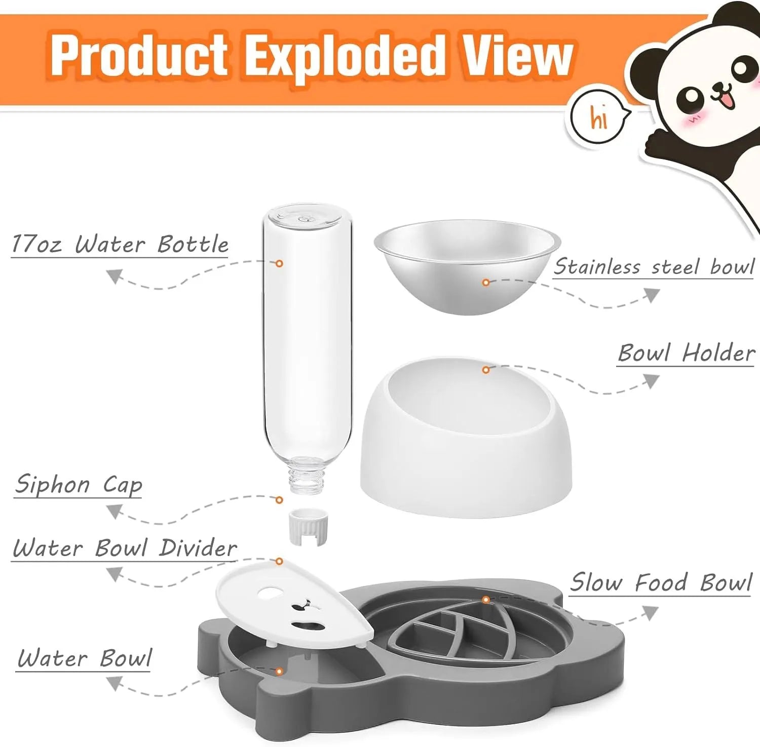 Grey and green panda-shaped elevated pet feeder with tilted stainless steel bowl and automatic water bottle.