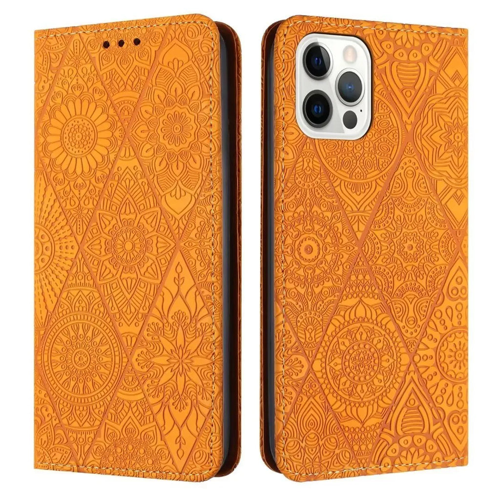 Solid colour retro embossing imitation leather phone case with built-in bracket, available for iPhone models