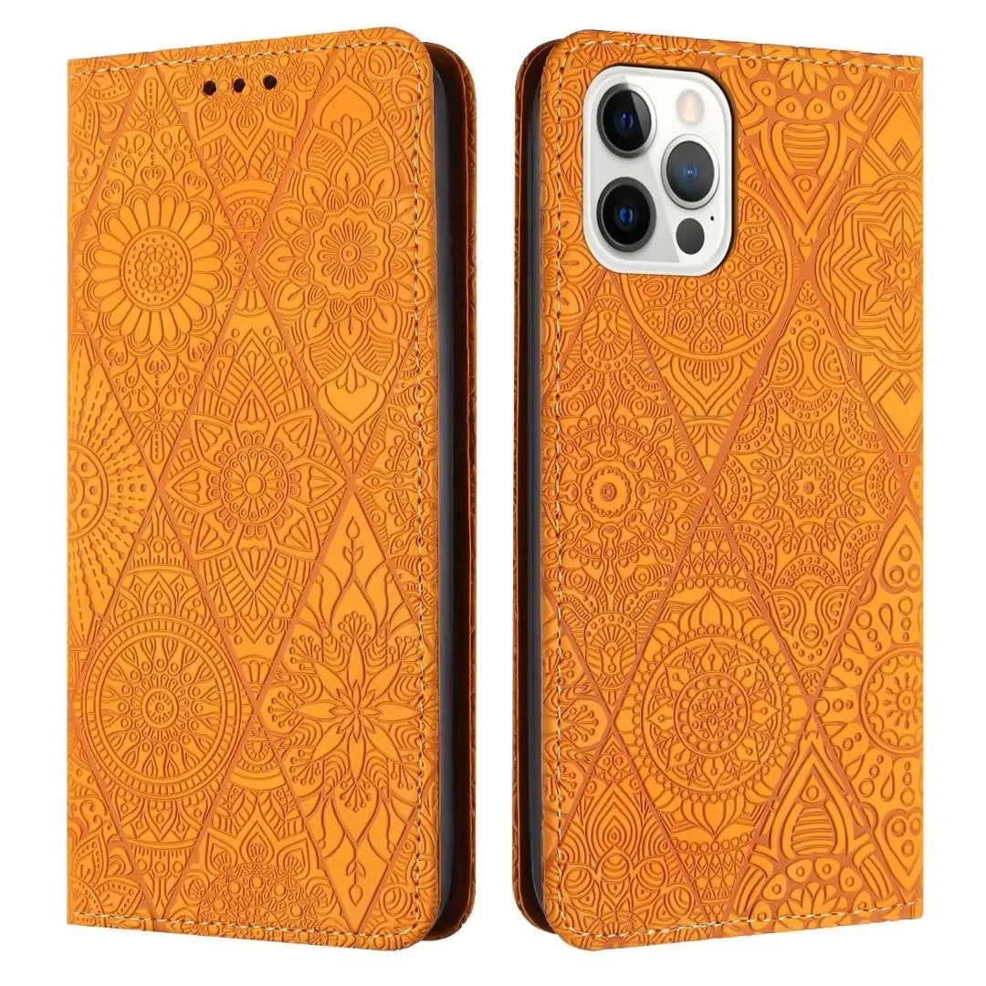 Solid colour retro embossing imitation leather phone case with built-in bracket, available for iPhone models