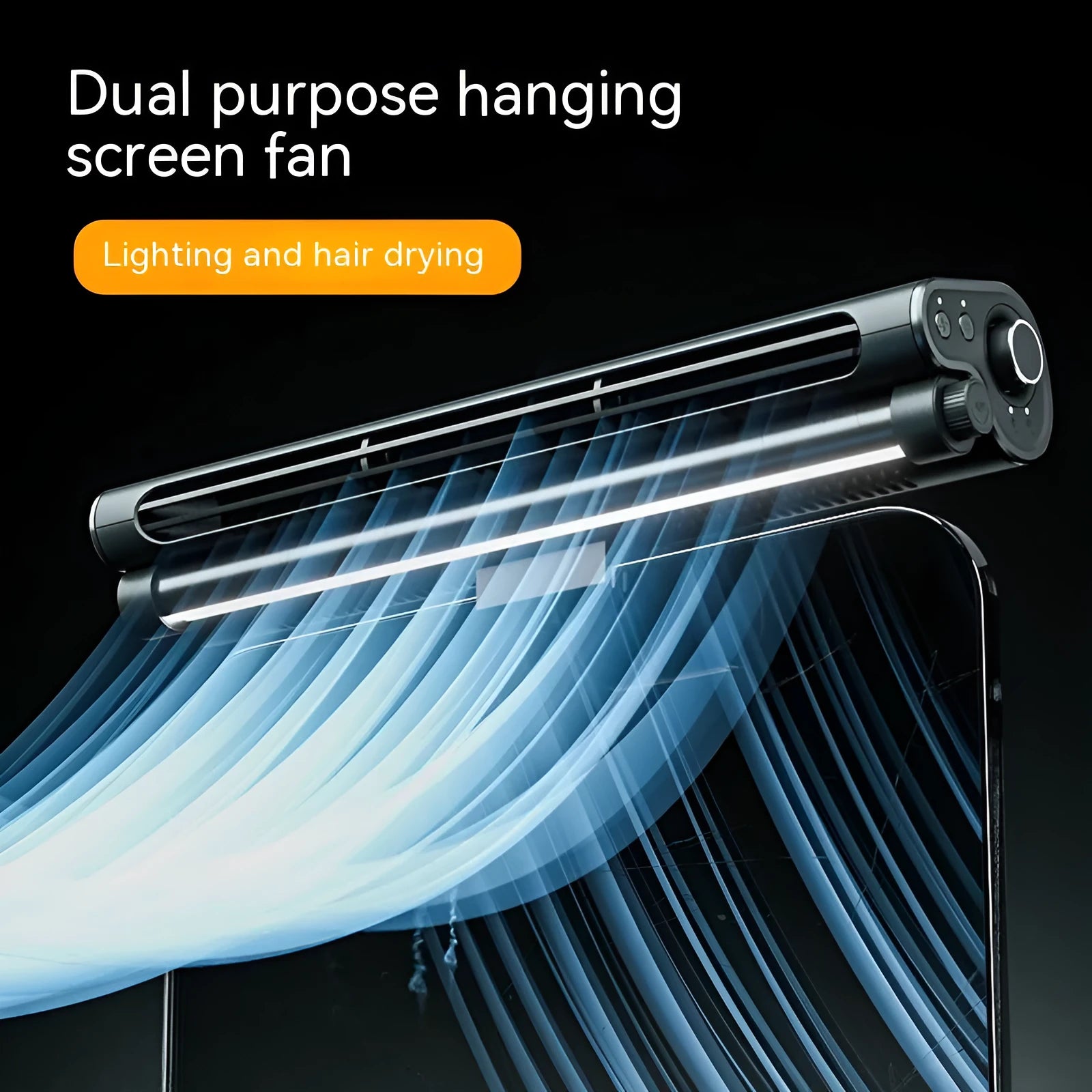 Black USB-powered bladeless fan clipped to a computer screen, showing integrated lighting lamp.