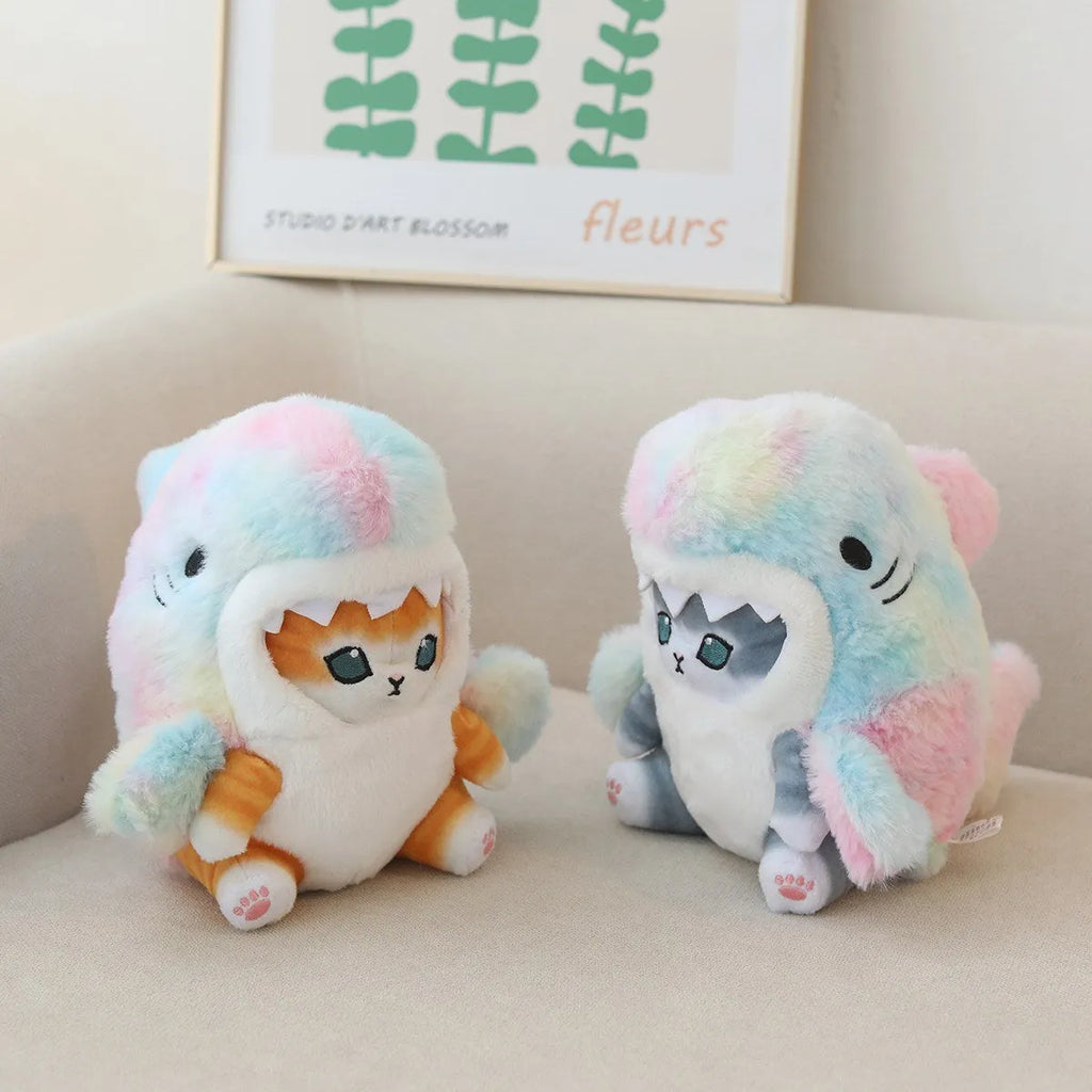 Cartoon shark cat plush doll in grey blue transforming into a doll with PP cotton filling, 33cm height