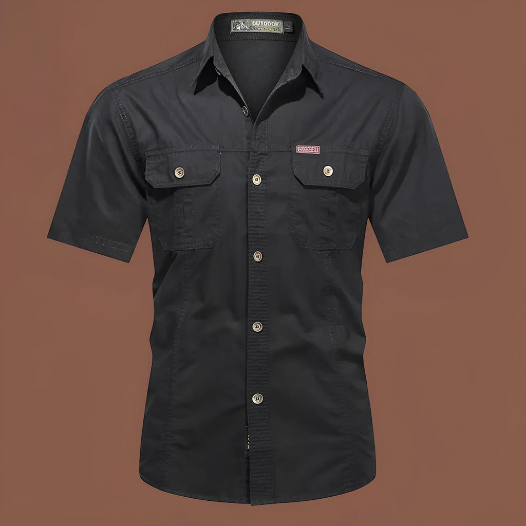 Men's army green cotton short sleeve work shirt with a loose cardigan fit on a hanger