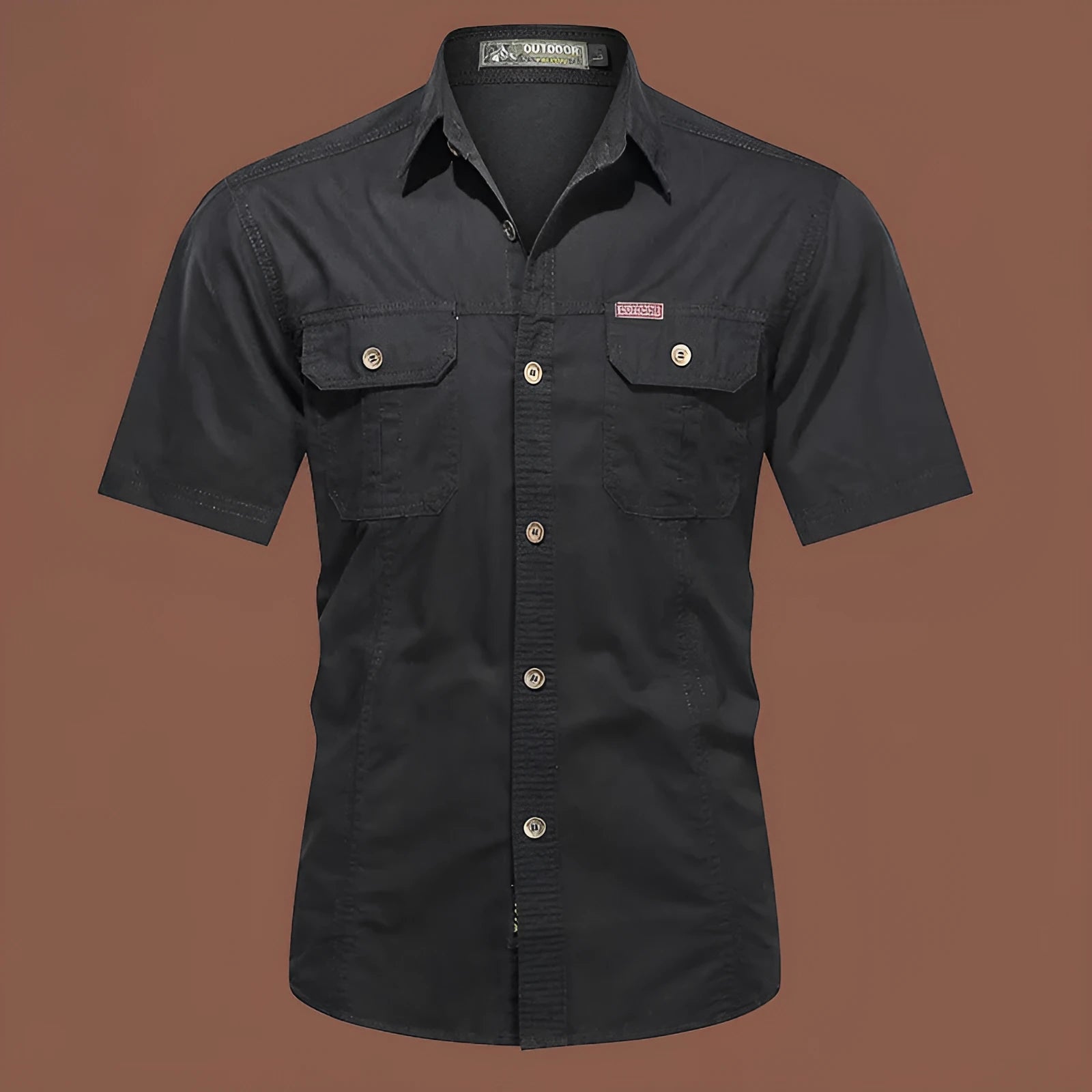 Men's army green cotton short sleeve work shirt with a loose cardigan fit on a hanger
