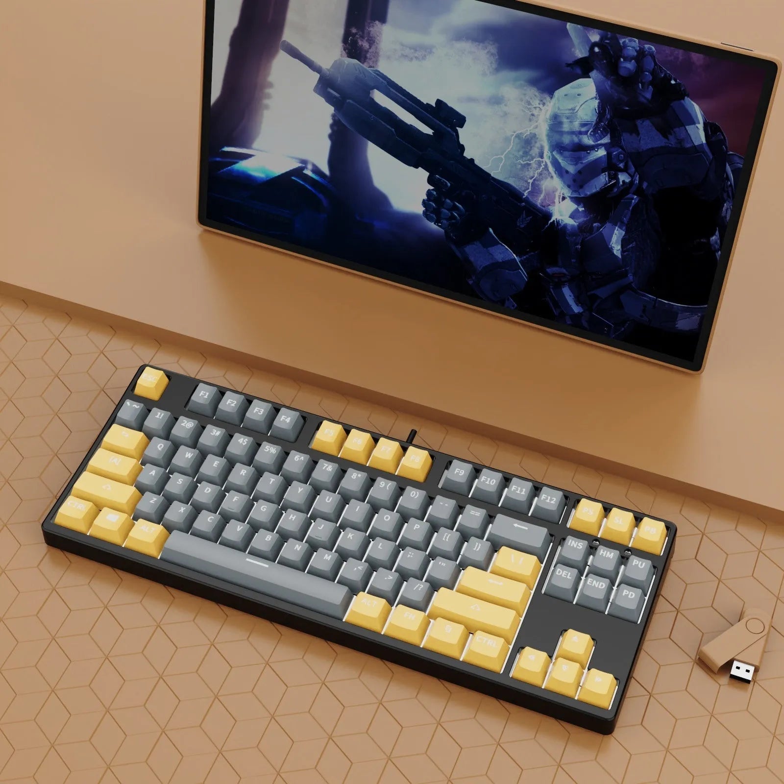 87-key hot-swappable mechanical keyboard with dual-colour backlighting and metal construction.