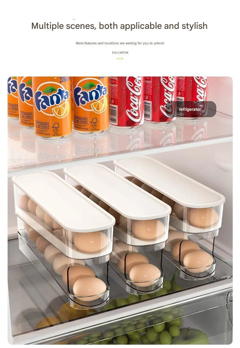 White plastic refrigerator slide-out egg tray with automatic dispenser mounted on refrigerator door