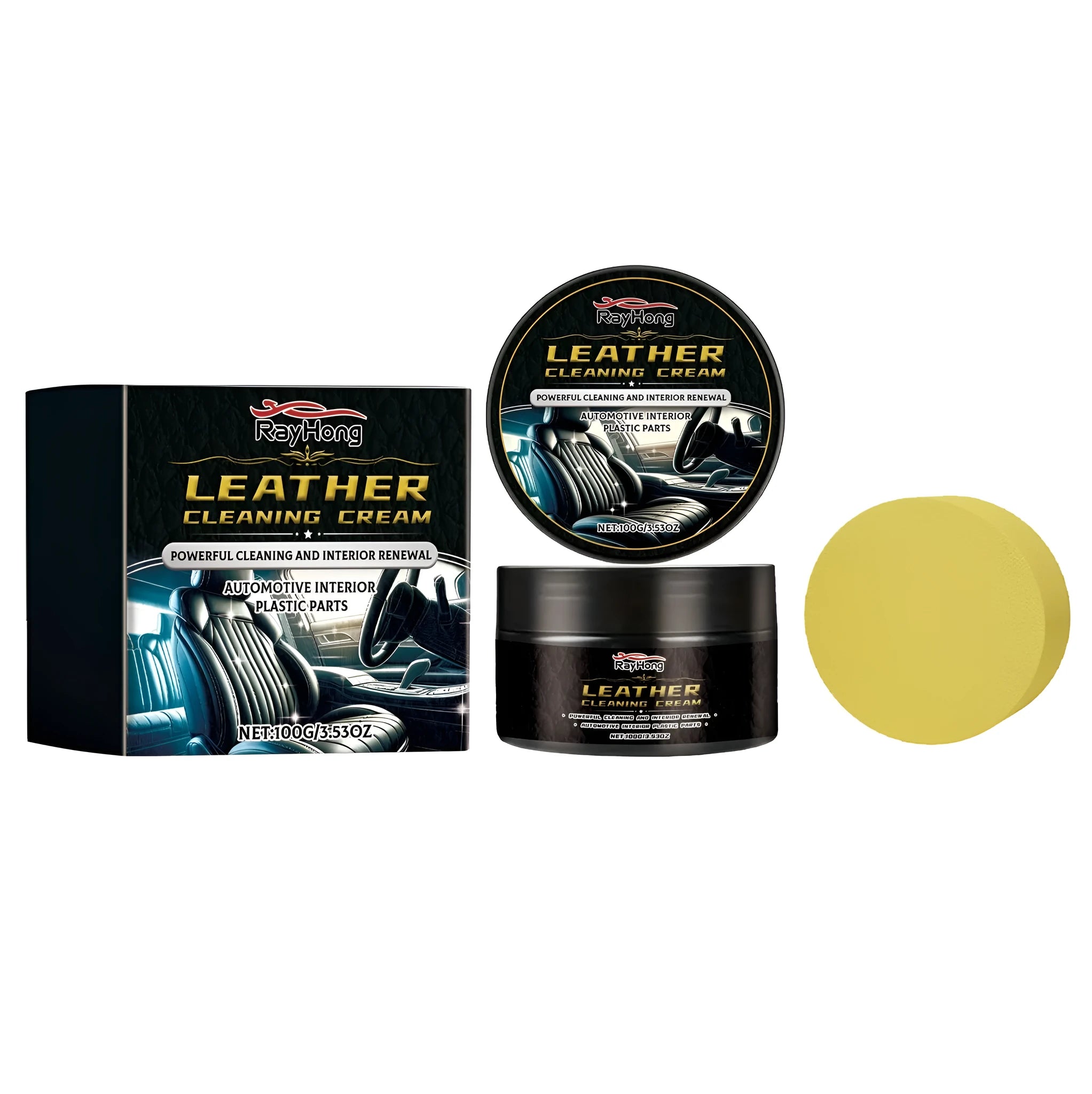 100g bottle of leather cleaning cream with sponge applicator for maintenance