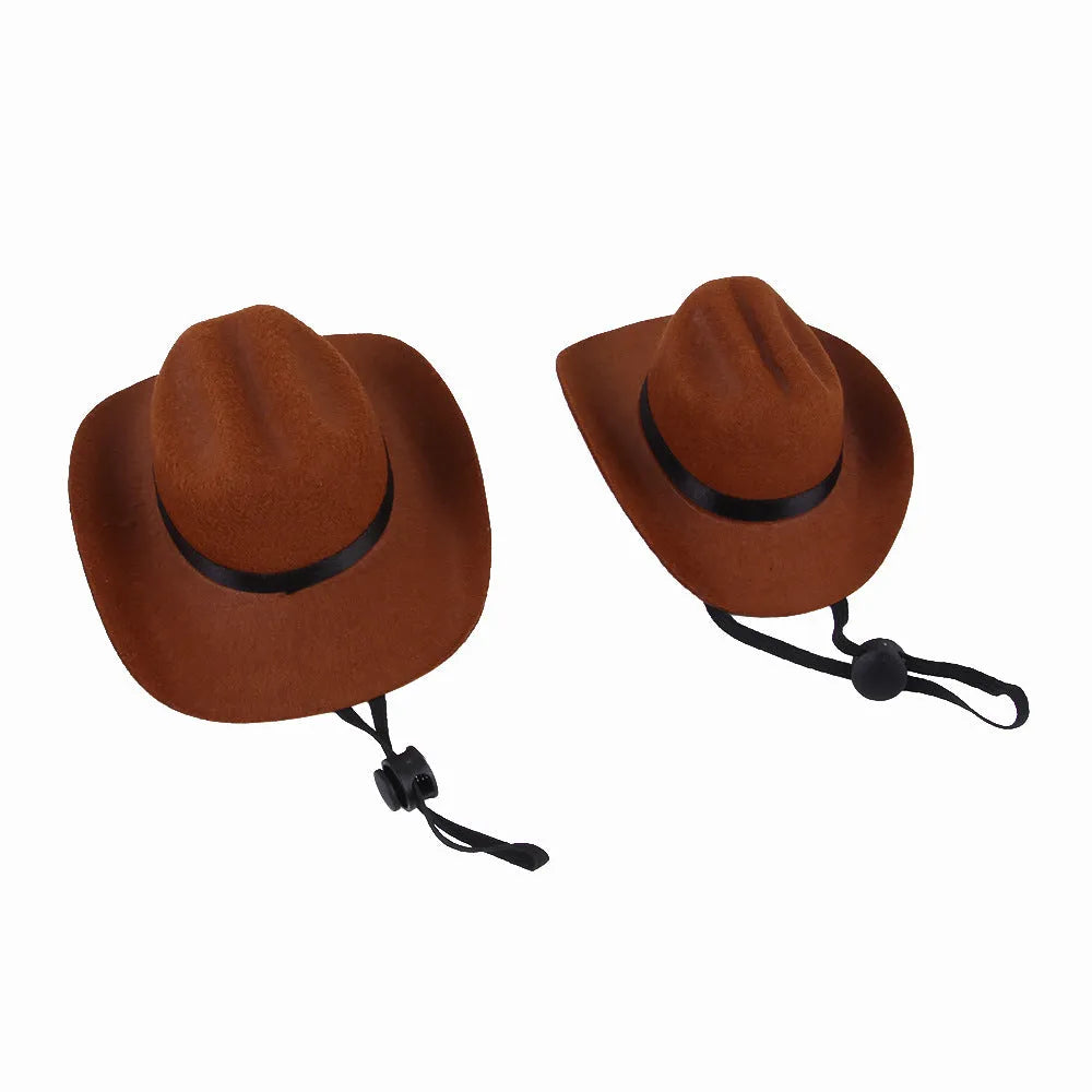 A brown adjustable cowboy hat for a dog or cat, shown on a pet mannequin head.