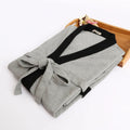 Men's cotton waffle robe bathrobe in gray black wide brim colour, knitted cardigan style with long sleeves on a neutral background
