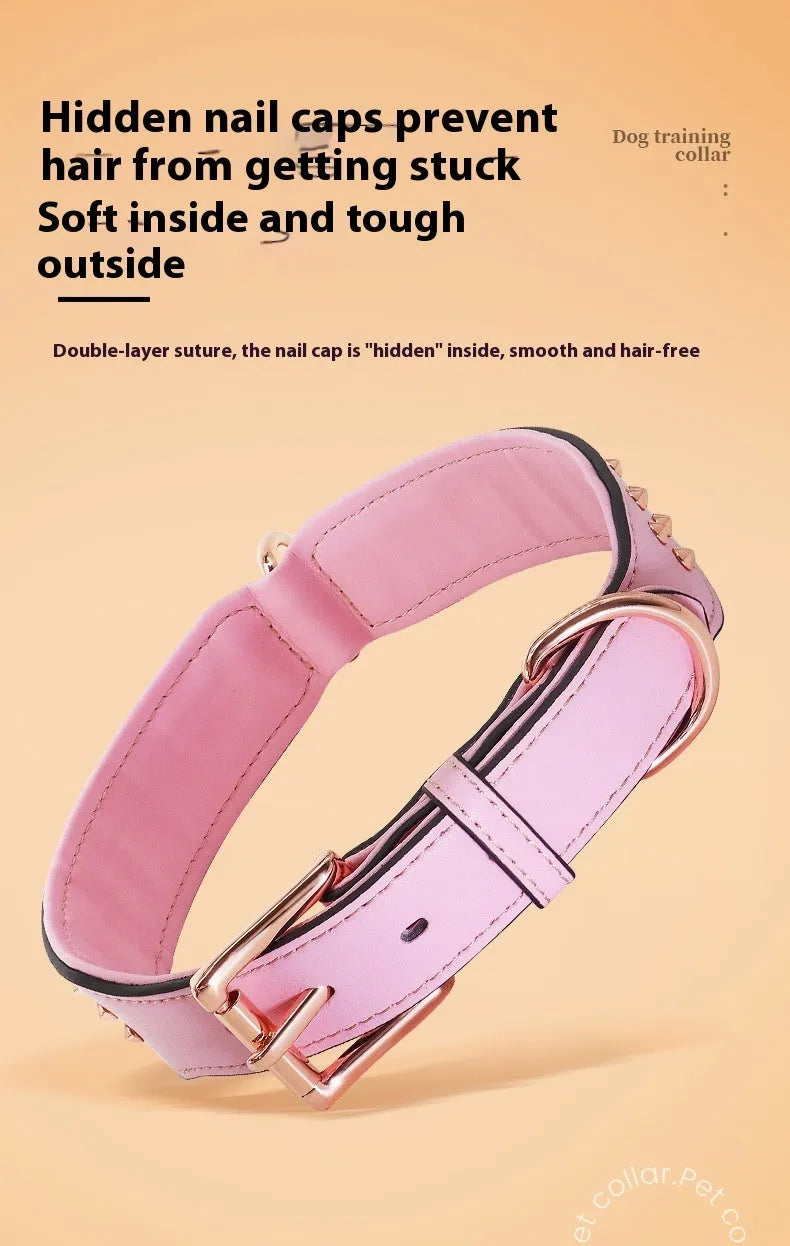 Leather dog collar with metal rivets in black, shown on a size chart with chocolate and pink colour options.