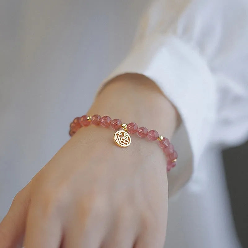 Handmade strawberry quartz glass bracelet in New Chinese style with adjustable universal wrist size