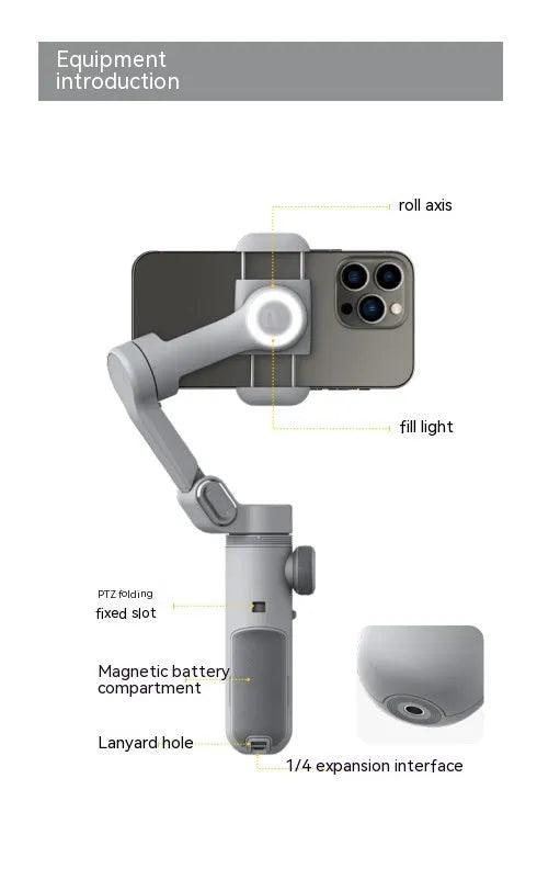 Silver grey three-axis smartphone gimbal stabiliser with extended arms and Bluetooth remote control
