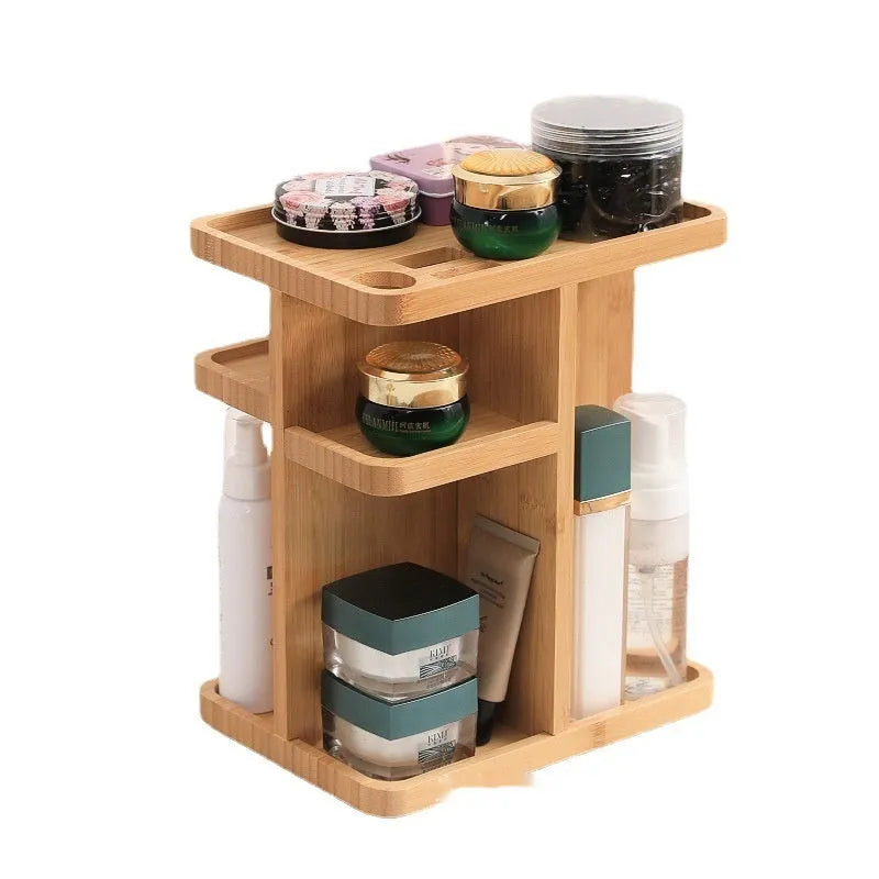 Natural bamboo rotating storage rack with multiple shelves and grid compartments.