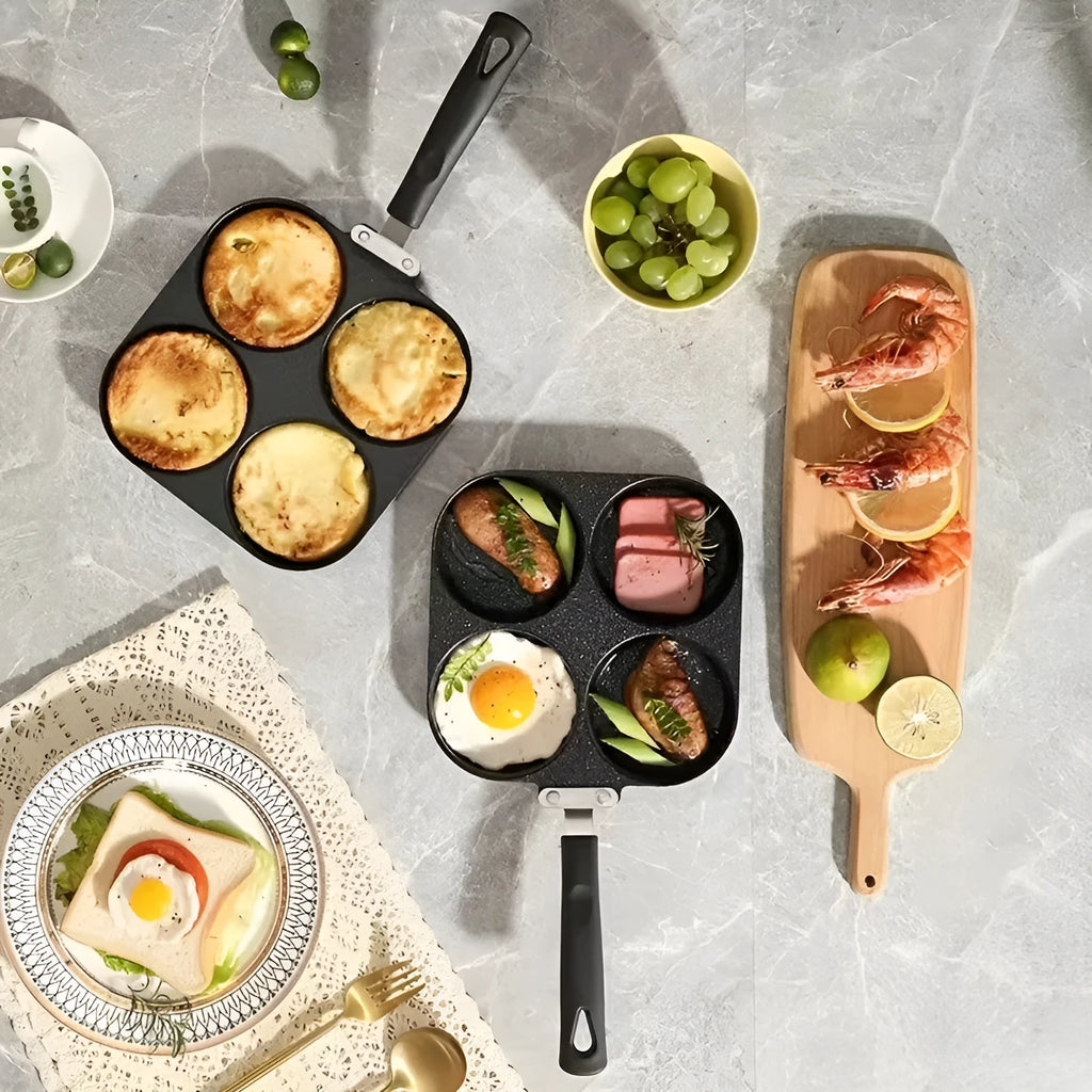 Four-hole non-stick aluminium frying pan with wood handle, silicone spatula, and oil brush.