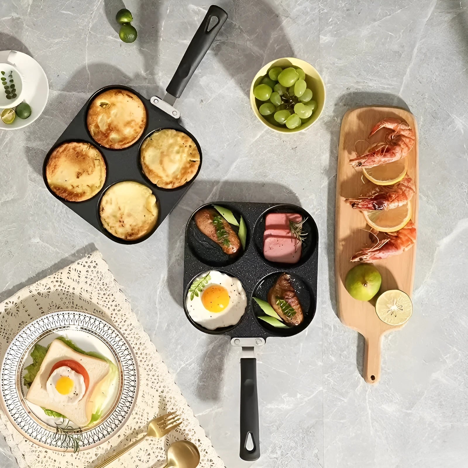 Four-hole non-stick aluminium frying pan with wood handle, silicone spatula, and oil brush.