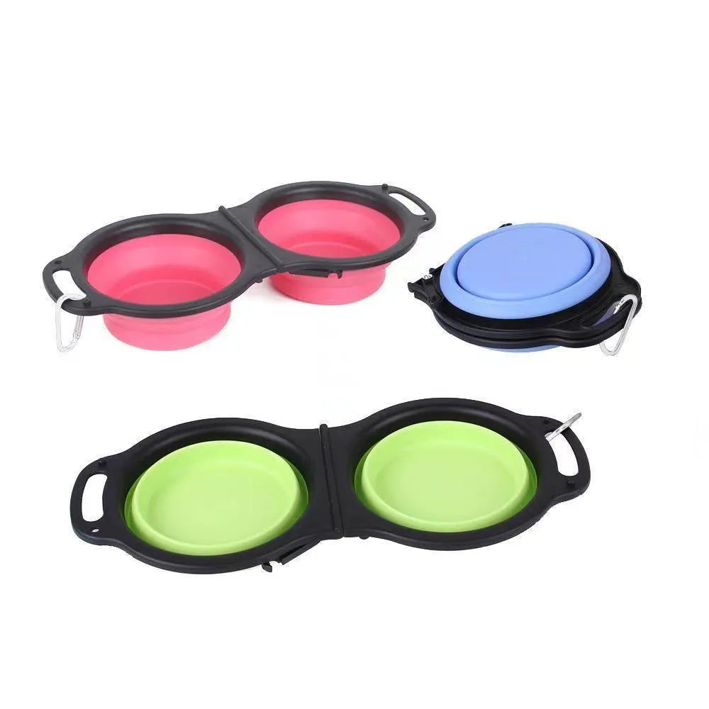 Silicone folding double pet bowl shown open and folded flat in various colours