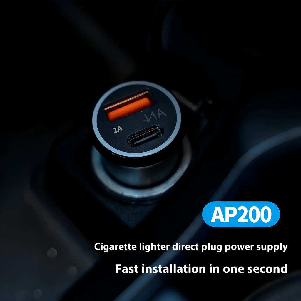 Black ABS car charger locator with integrated GPS for vehicle tracking, plugged into a 12V car socket.