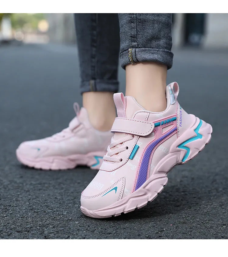 Waterproof leather girls casual sneaker with MD sole, pink leather surface and white letter pattern