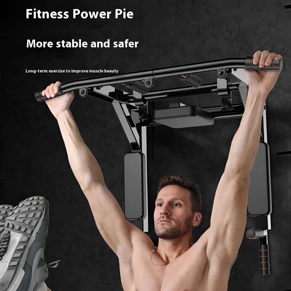 Black steel single parallel bars pull-up bar and sandbag rack mounted on a wall.