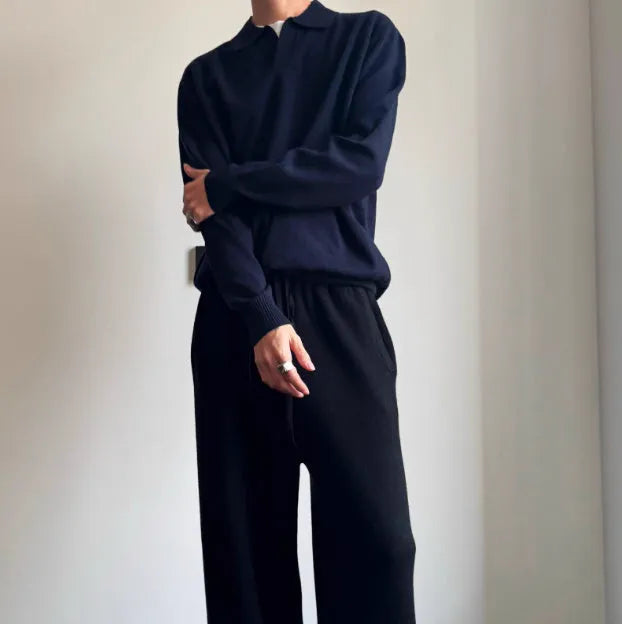 Man's pure wool polo sweater with a lapel collar in loose fit, shown in Milky White colour.