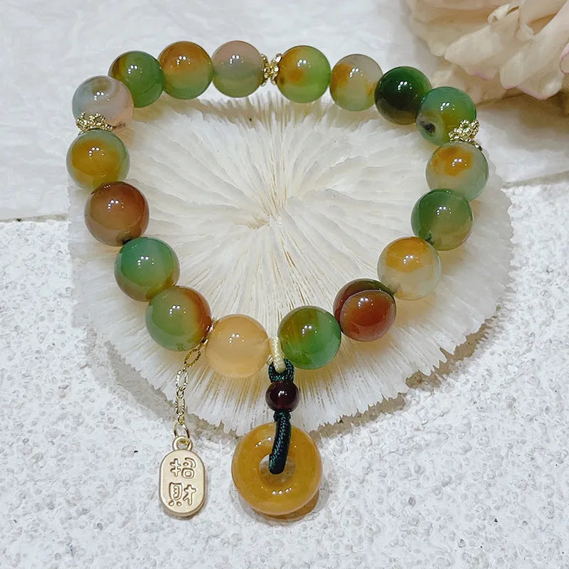 Yellow Lutong agate bracelet with peacock agate and topaz elements, peace buckle clasp, 1cm width women's jewellery